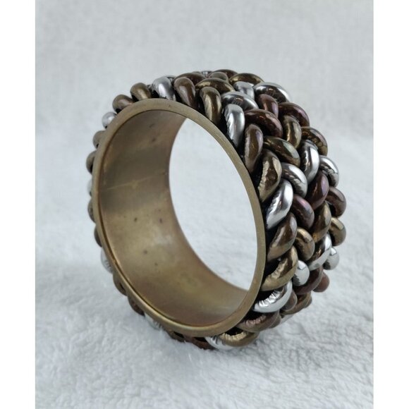 Vintage Brass Bracelet Bangle Three Metal Colors Brass Silver Copper Braid Jewel - Picture 5 of 9